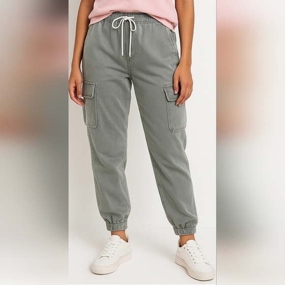 Forever 21 Women's Size L Mint Green Cotton Denim Jeans Cargo Drawstring Joggers - Picture 2 of 6